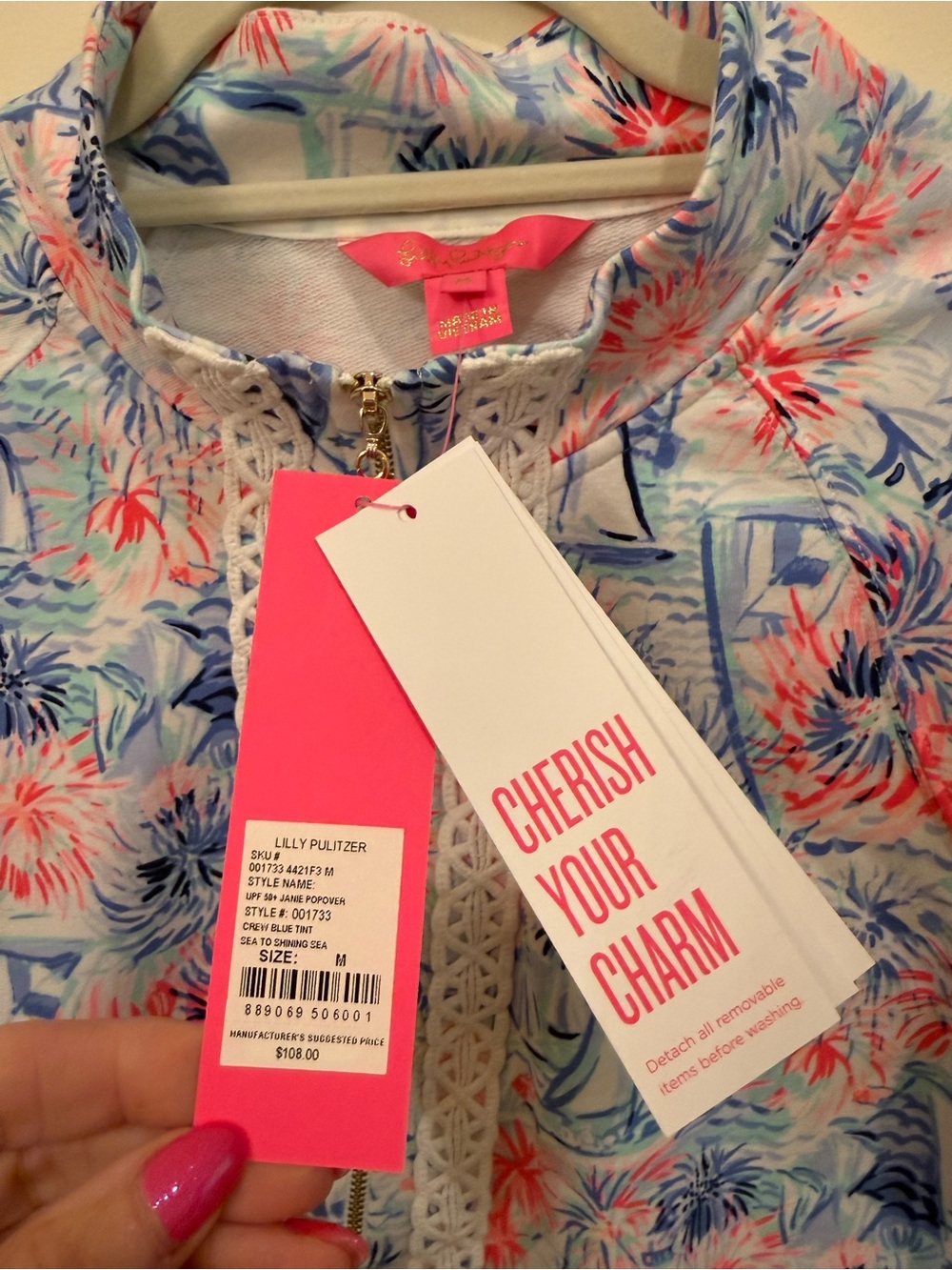 Lilly Pulitzer Coral, Light Blue & Navy Floral Zip-Front Tunic - Picture 4 of 4